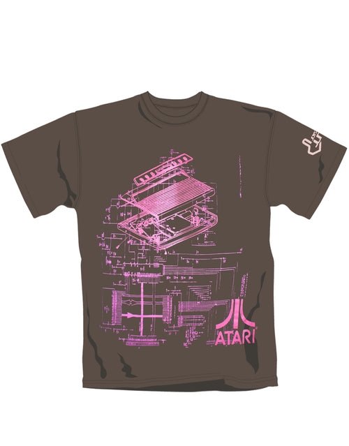 Atari exploded jet set graphic on a dark brown adult t-shirt.