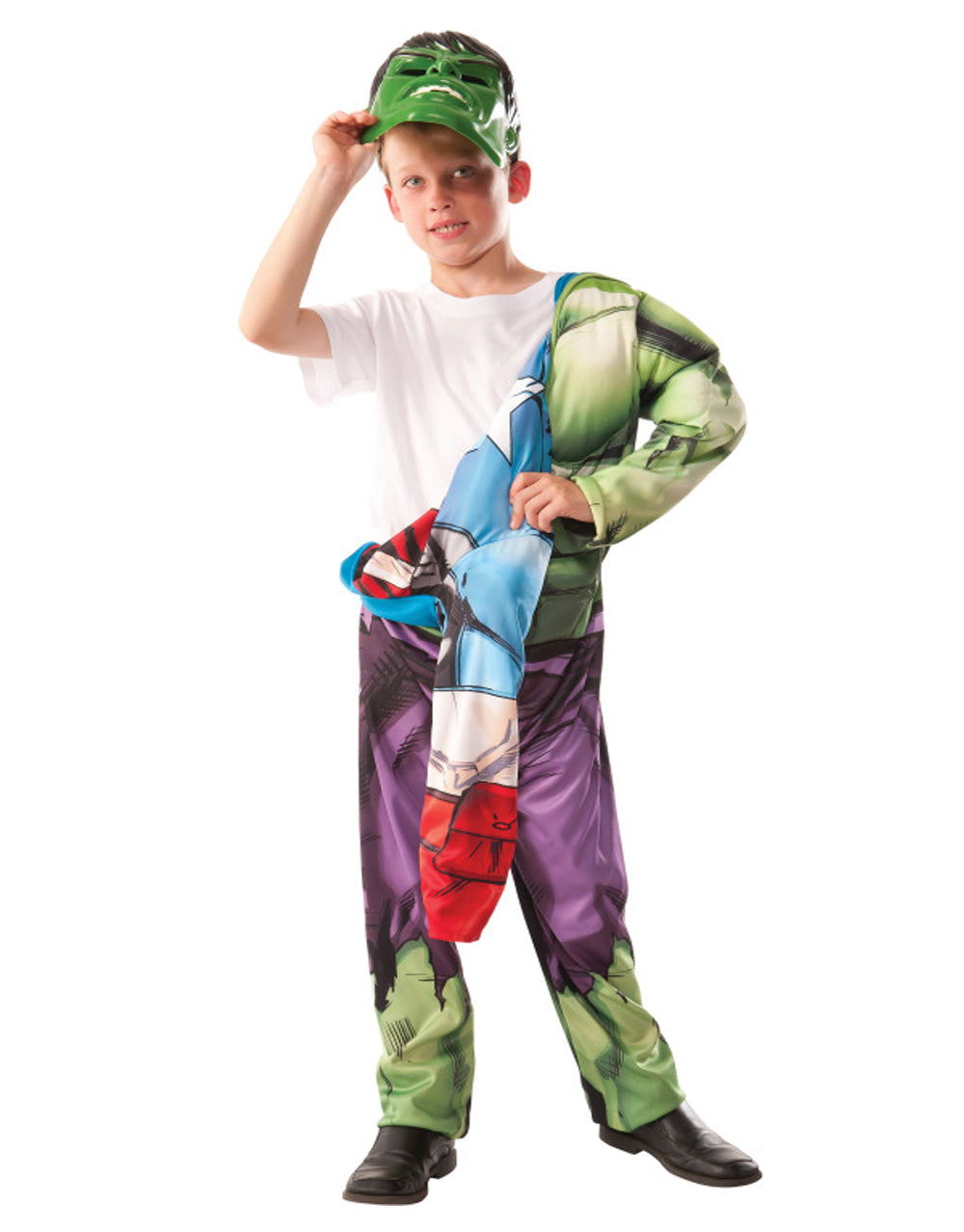 The Avengers Hulk and Captain America reversible padded muscle chest costume for kids.