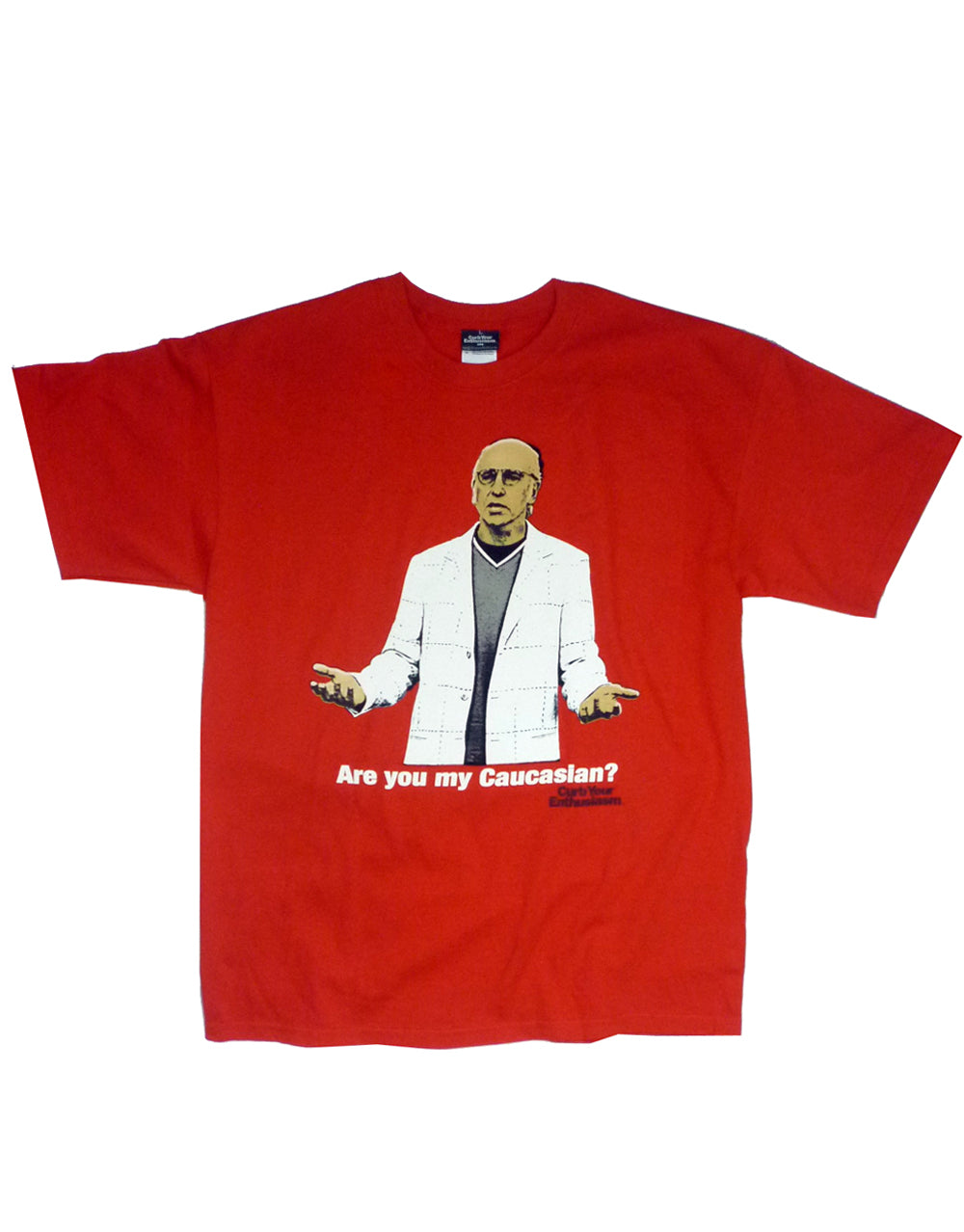 Curb Your Enthusiasm Caucasian graphic on a red adult t-shirt.