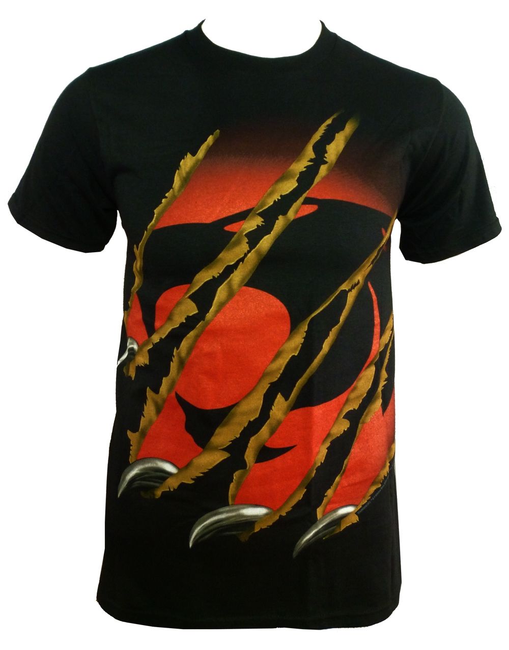 Thundercats ripping through graphic on a black adult t-shirt.