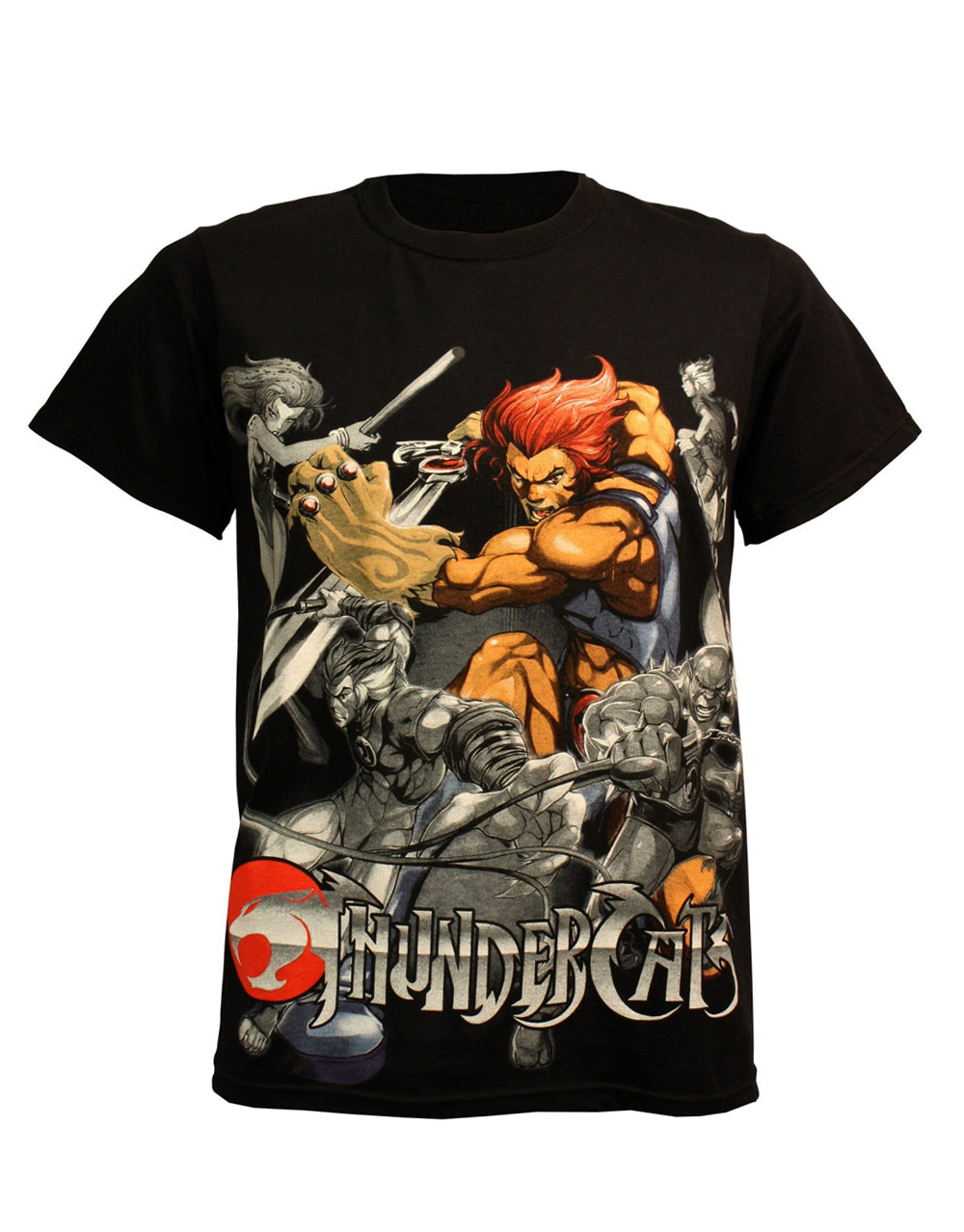 Thundercats collage graphic on a black adult t-shirt.