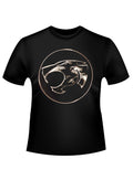 Thundercats chrome logo graphic on a black adult t-shirt.