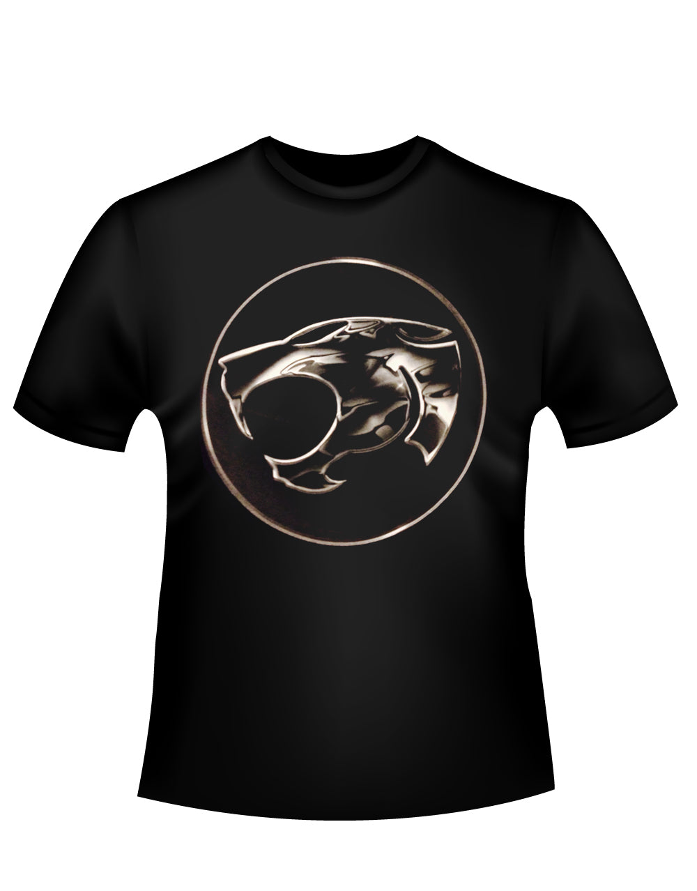 Thundercats chrome logo graphic on a black adult t-shirt.