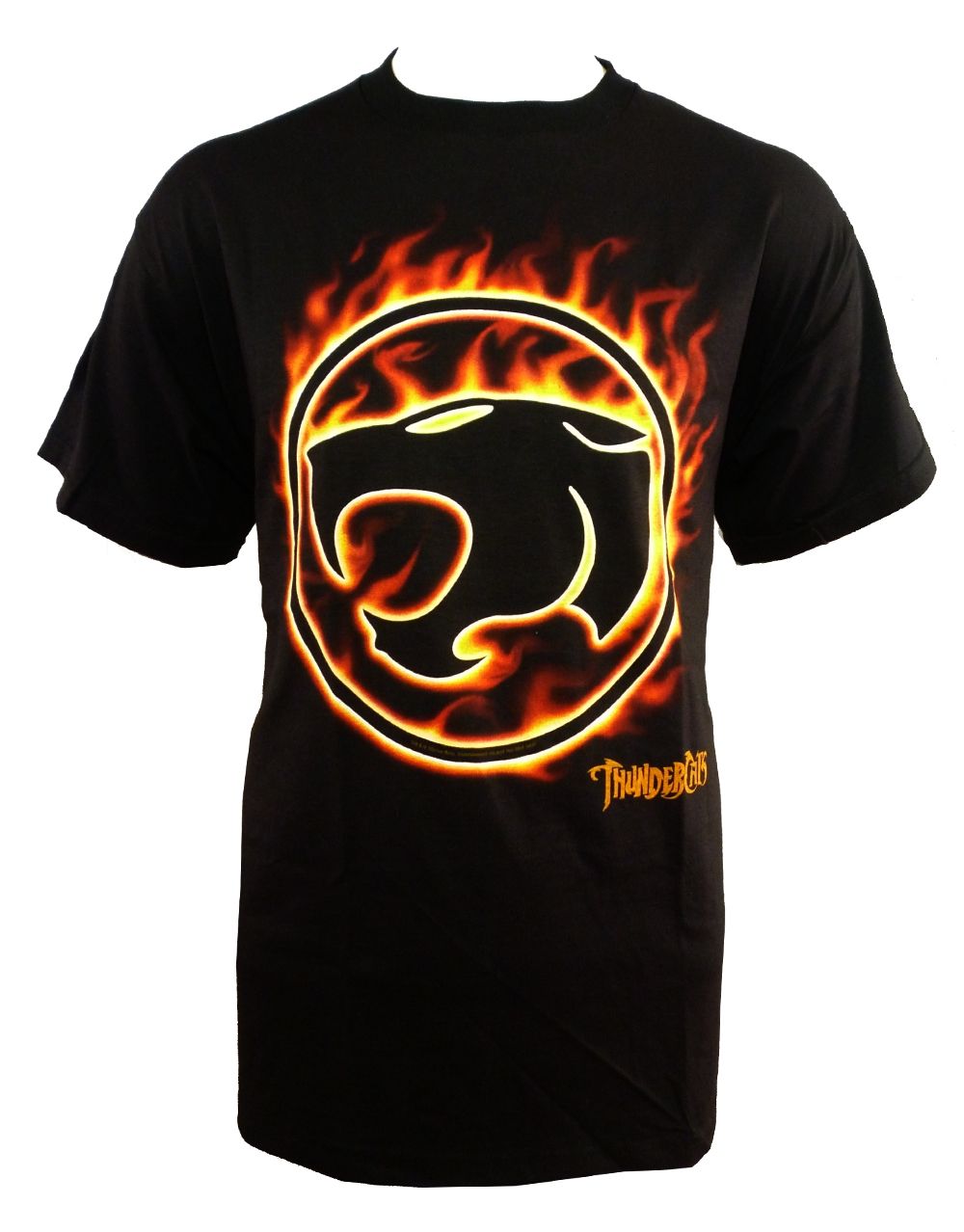Thundercats flames logo graphic on a black adult t-shirt.