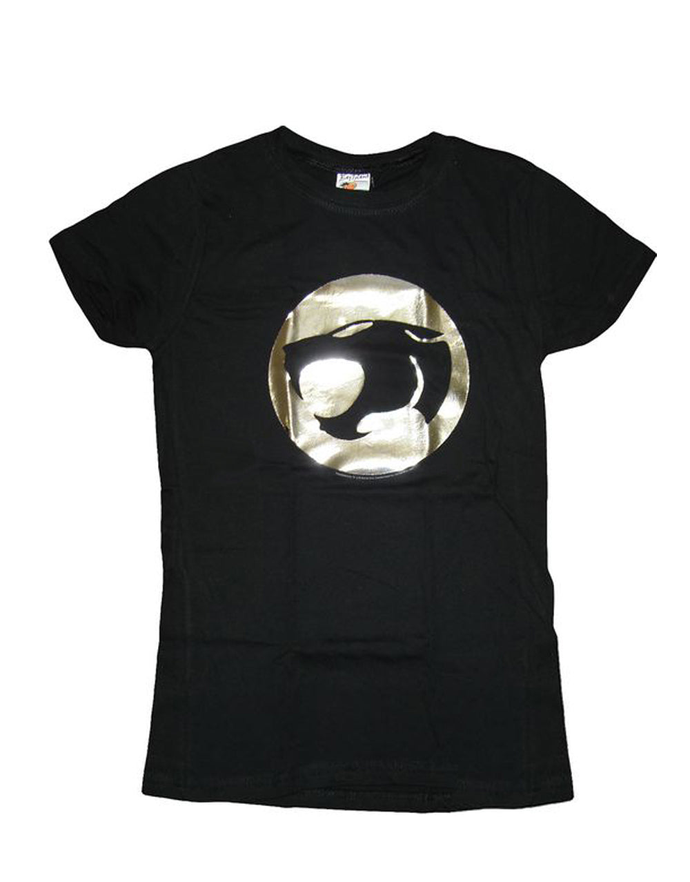 Thundercats logo foil graphic on a black women's t-shirt.