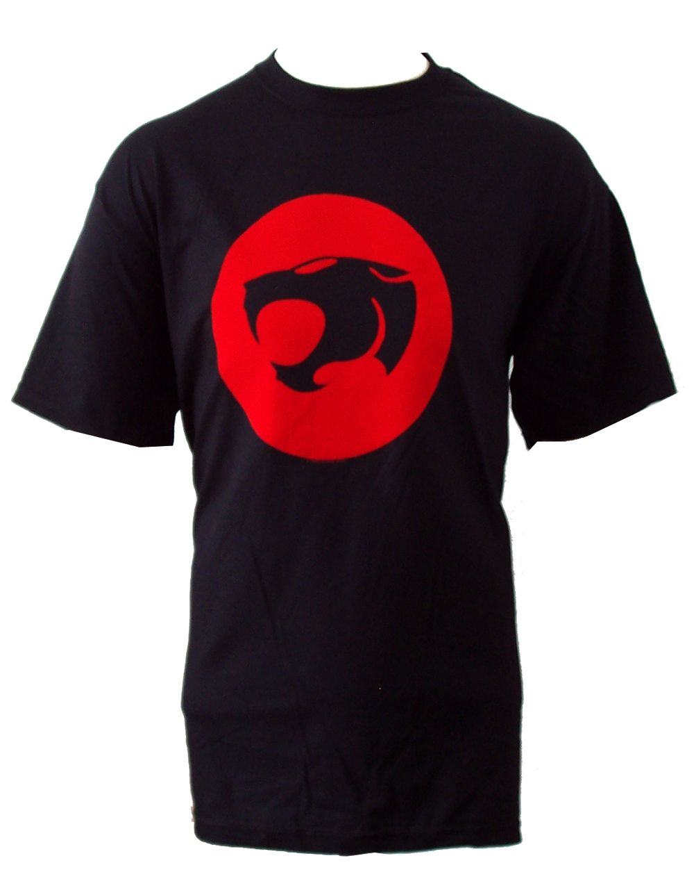 Thundercats flocked logo graphic on a black adult t-shirt.