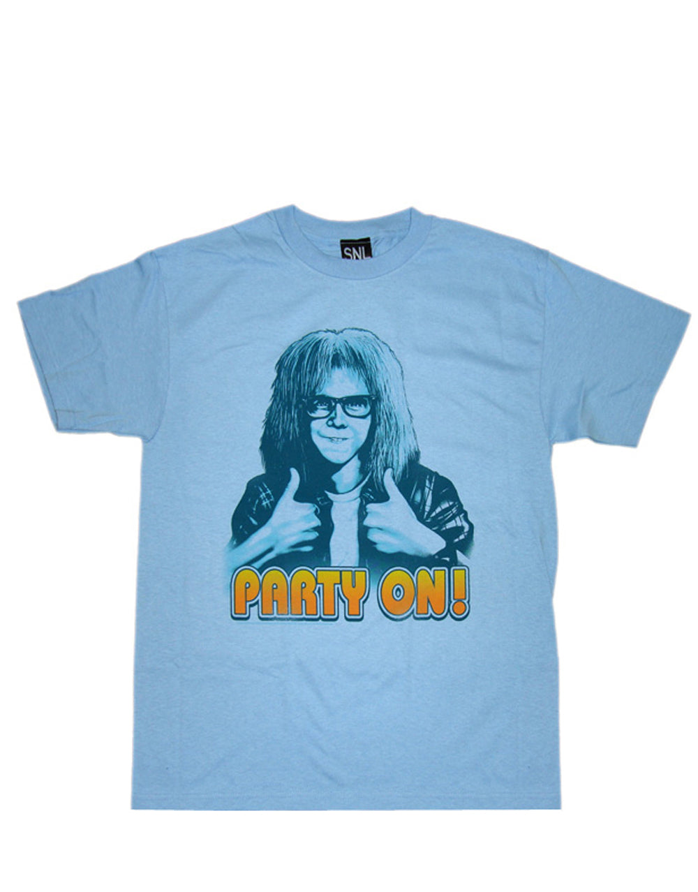 Saturday Night Live party on graphic on a blue adult t-shirt.