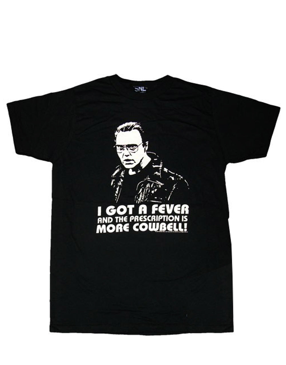 Saturday Night Live cowbell graphic on a black adult t-shirt.