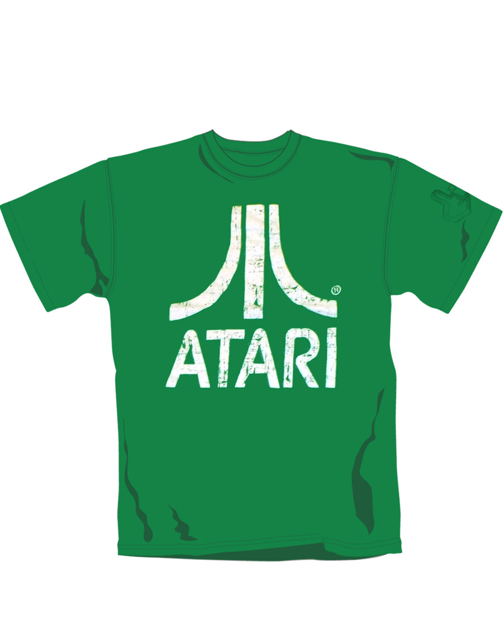 Atari distressed logo graphic on a green adult t-shirt.
