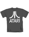 Atari distressed logo graphic on a grey adult t-shirt.