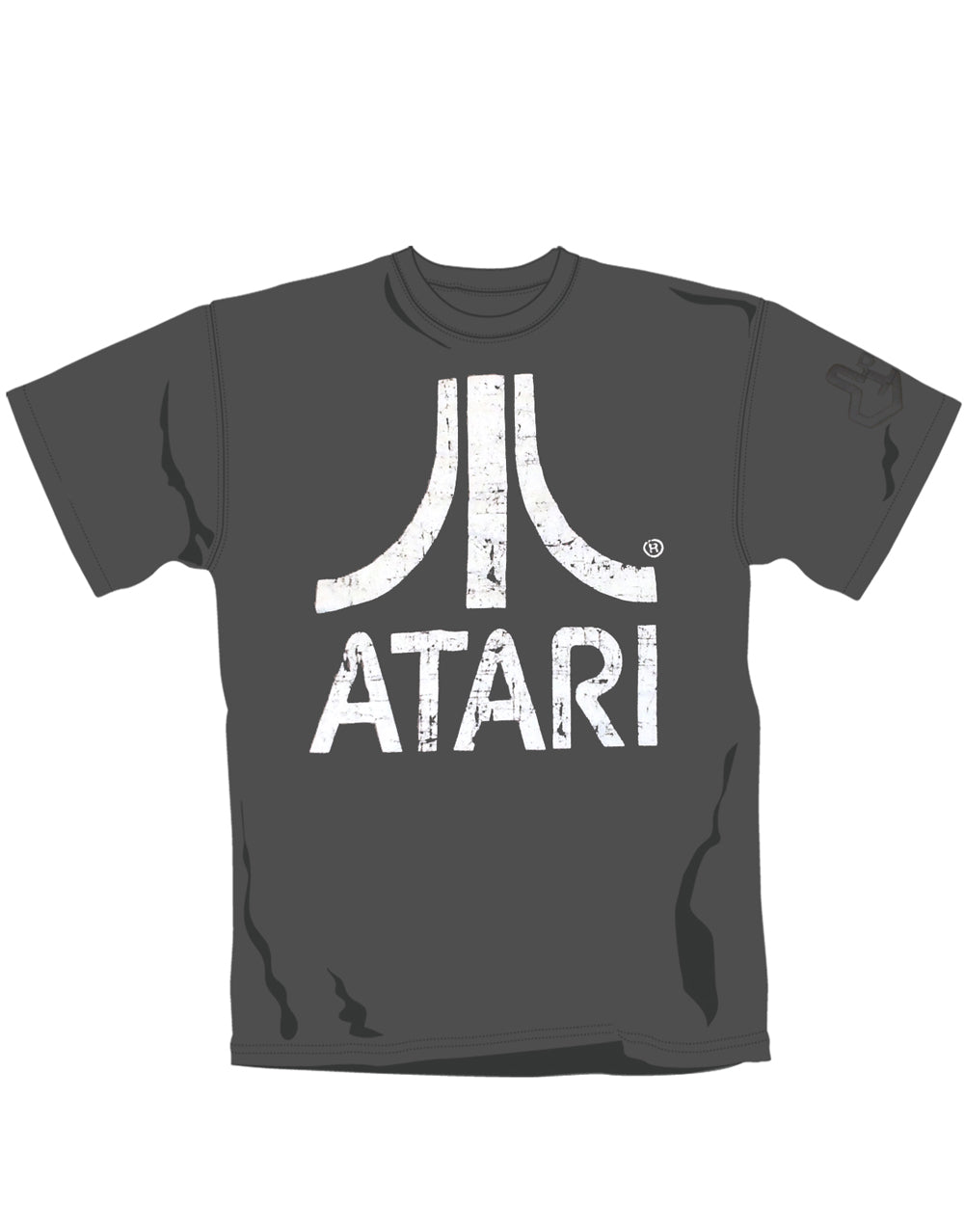 Atari distressed logo graphic on a grey adult t-shirt.