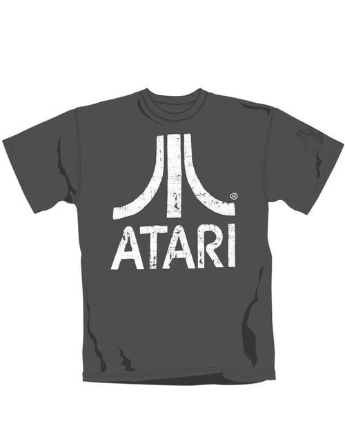 Atari distressed logo graphic on a grey adult t-shirt.