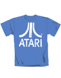 Atari distressed logo graphic on a blue adult t-shirt.