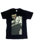 Friday the 13th Jason Voorhees torn art graphic on a black adult t-shirt.