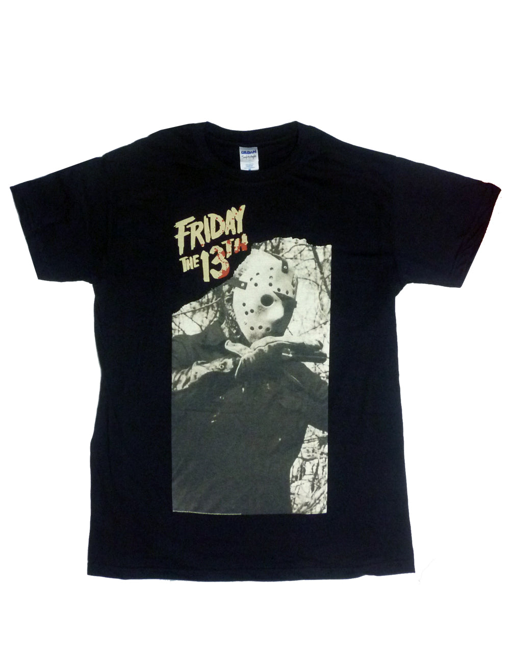 Friday the 13th Jason Voorhees torn art graphic on a black adult t-shirt.