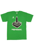 Atari represent graphic on a green adult t-shirt.