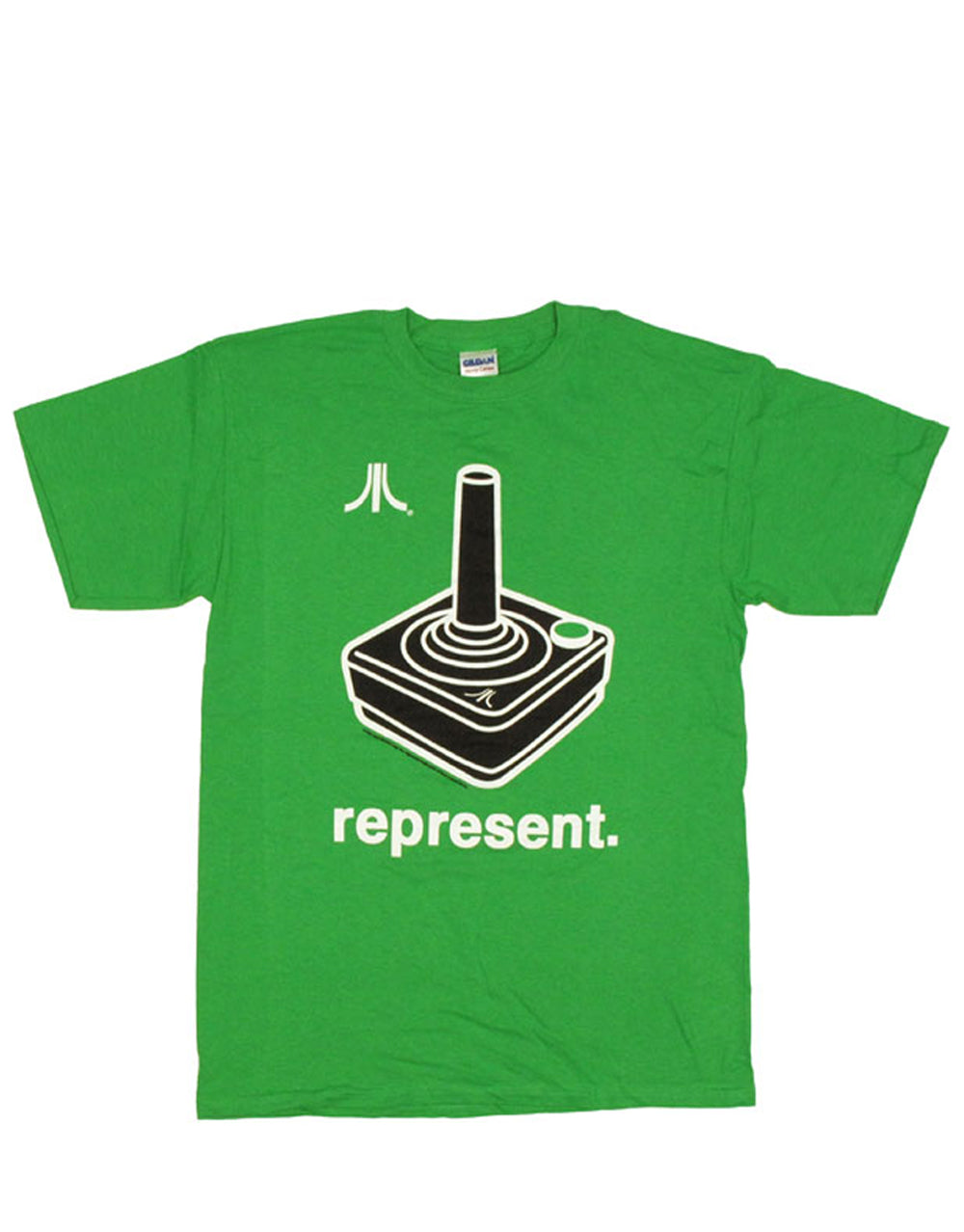 Atari represent graphic on a green adult t-shirt.