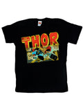 Thor comic strip graphic on a black adult t-shirt.