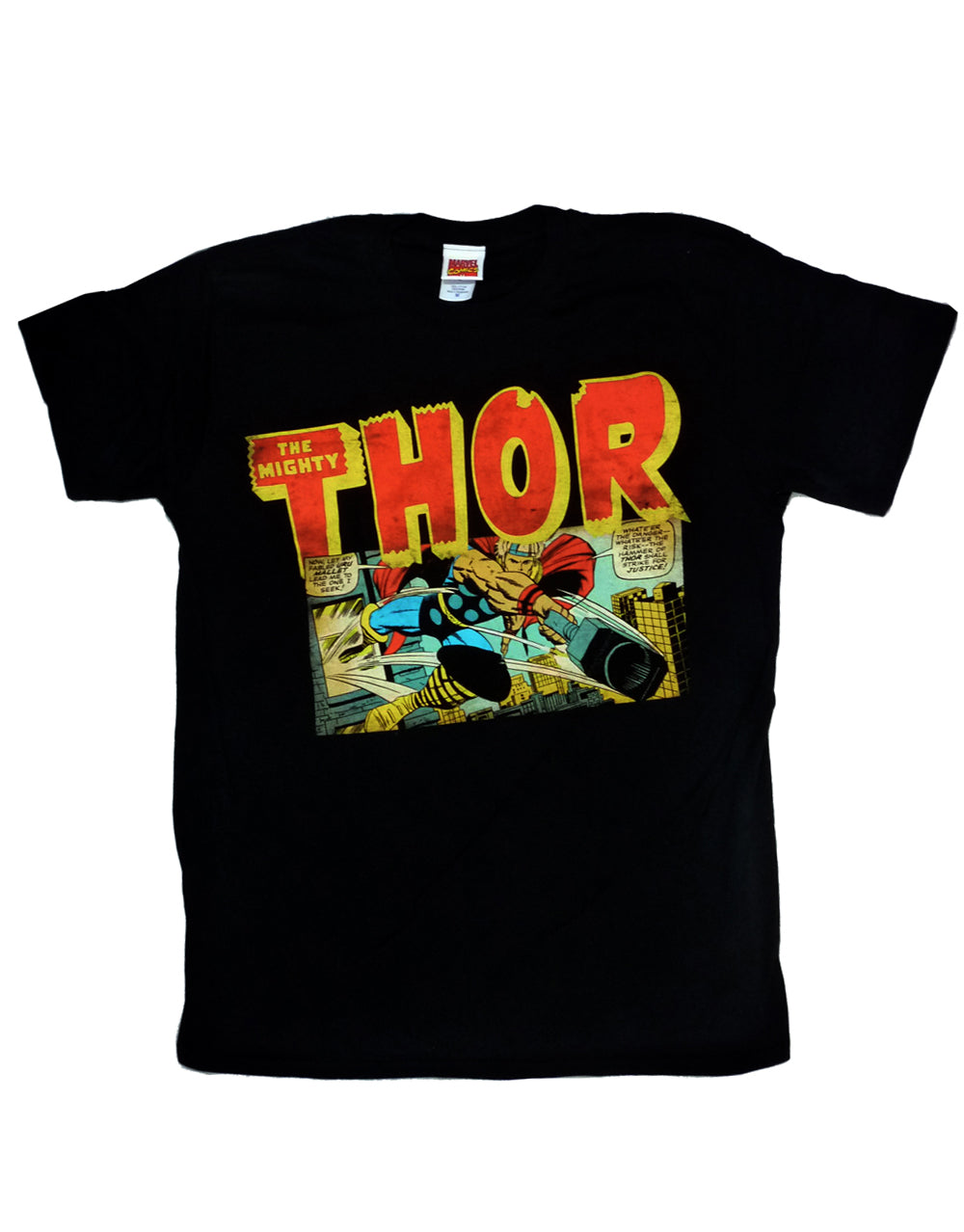 Thor comic strip graphic on a black adult t-shirt.