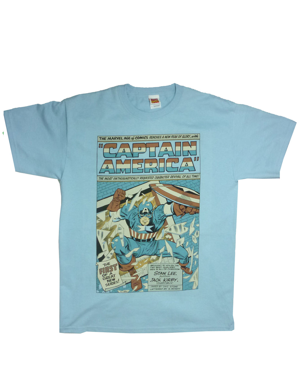 Captain America new series graphic on a blue adult t-shirt.