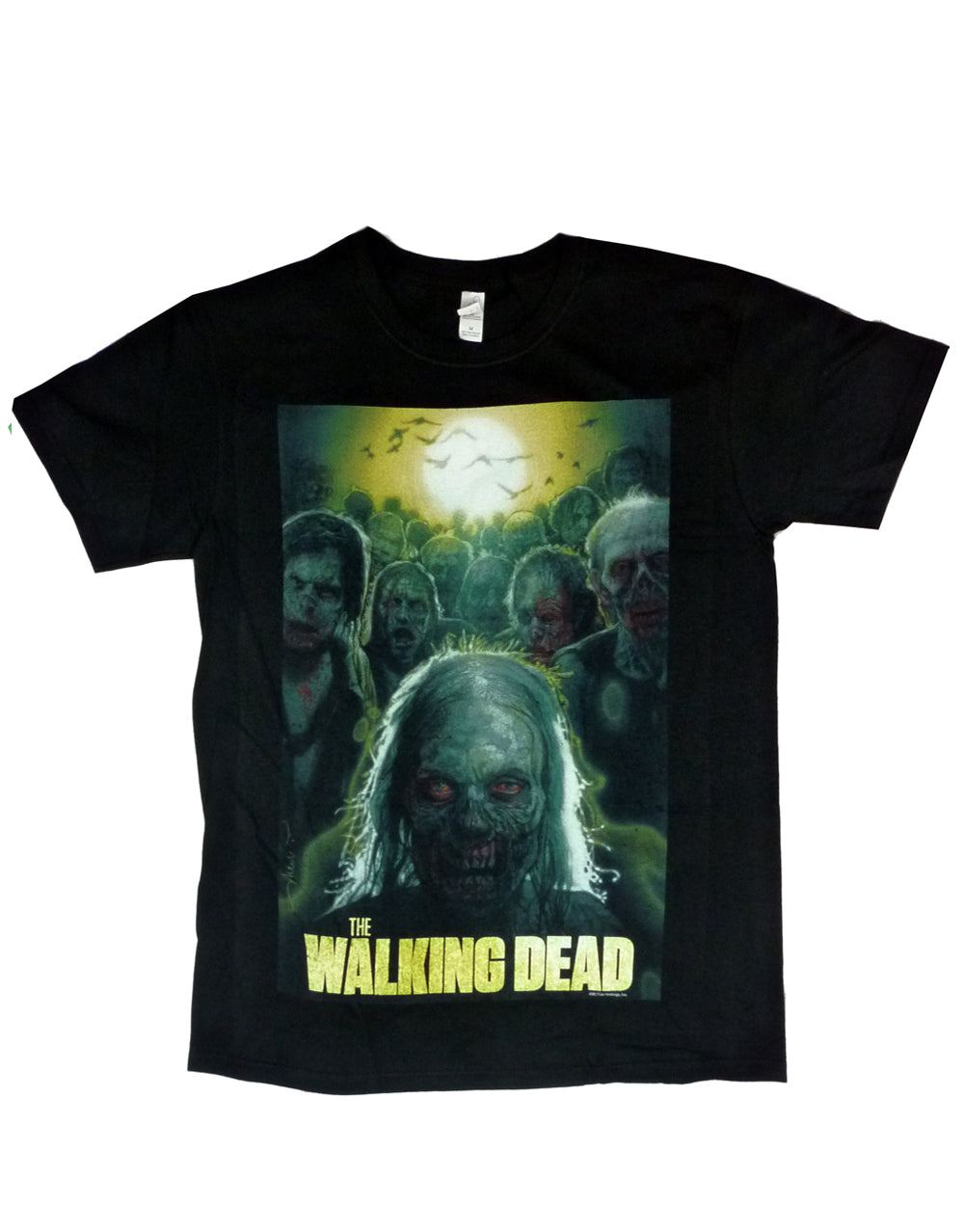 The Walking Dead Struzan graphic on a black adult t-shirt.