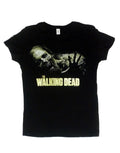 The Walking Dead zombie logo graphic on a black women's t-shirt.