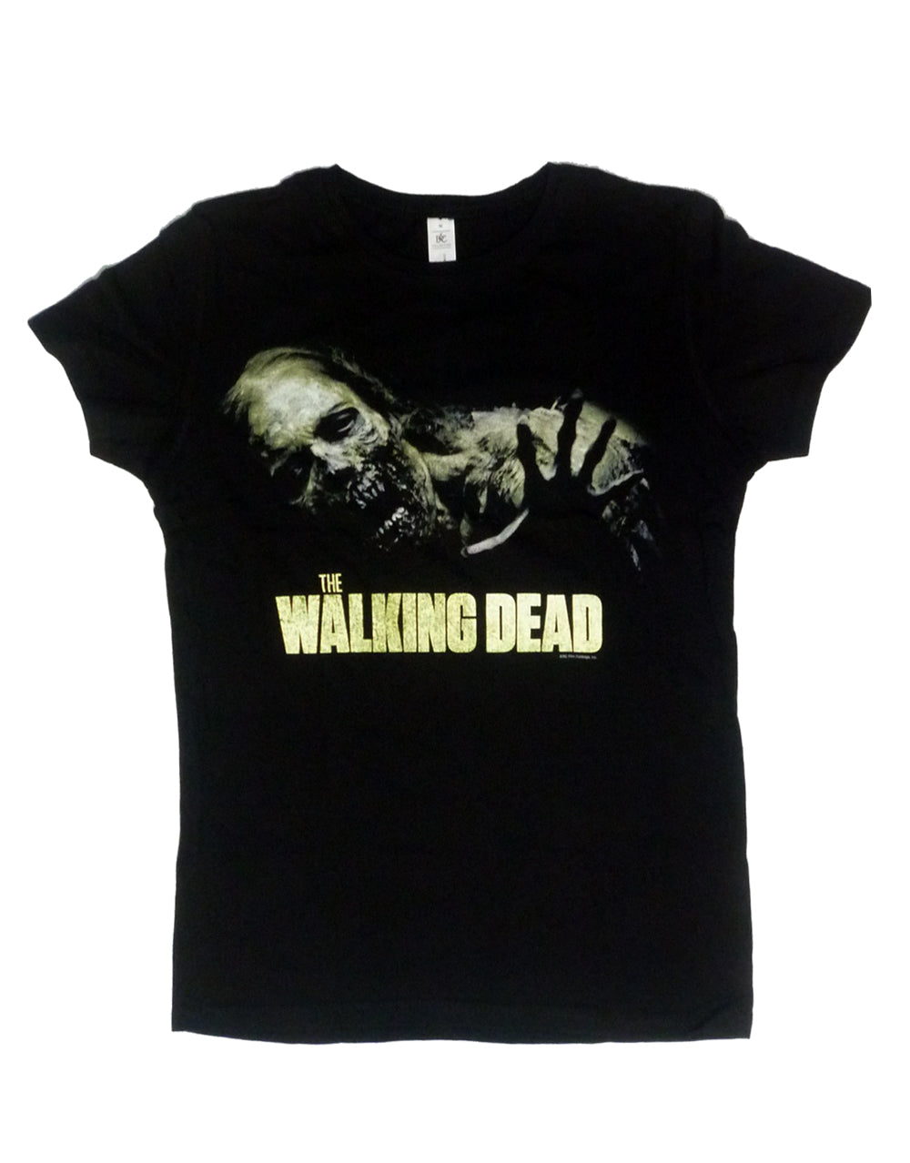 The Walking Dead zombie logo graphic on a black women's t-shirt.