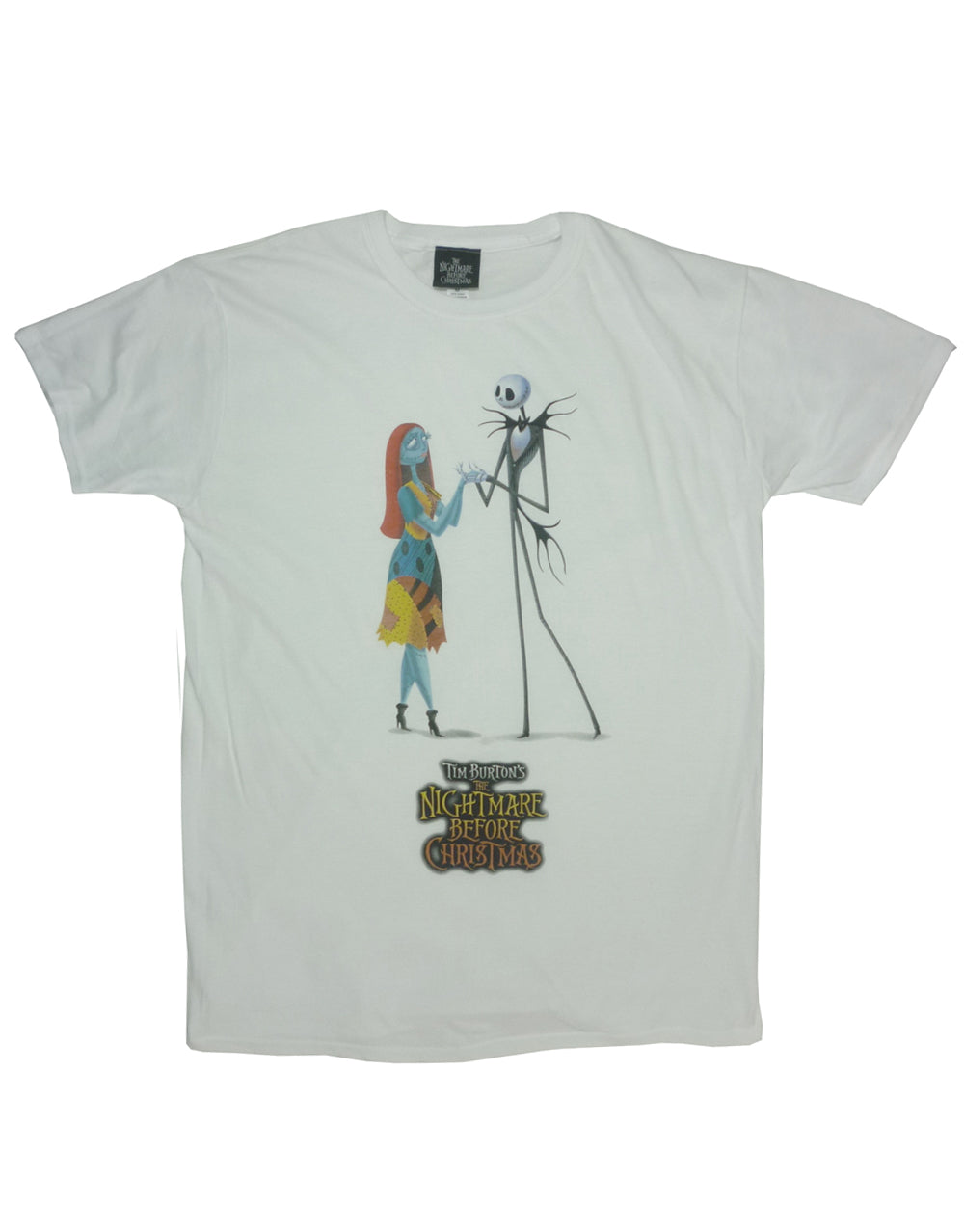 The Nightmare Before Christmas Jack and Sally graphic on a white adult t-shirt.