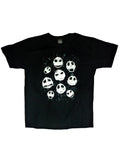 The Nightmare Before Christmas Jack faces graphic on a black adult t-shirt.
