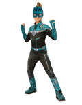 Captain Marvel deluxe teal and black Kree suit costume for kids.