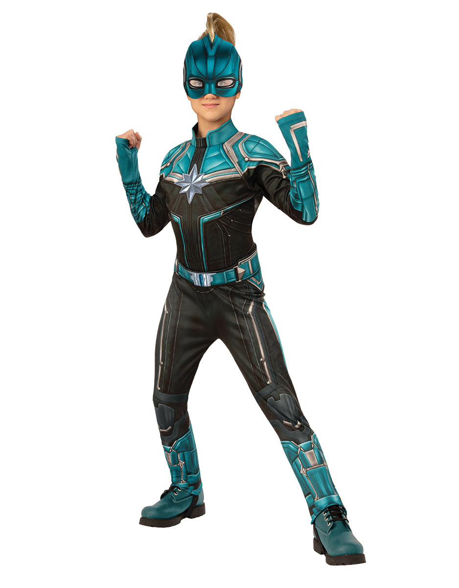 Captain Marvel deluxe teal and black Kree suit costume for kids.