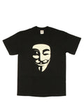 Vendetta white mask graphic on a black adult t-shirt.