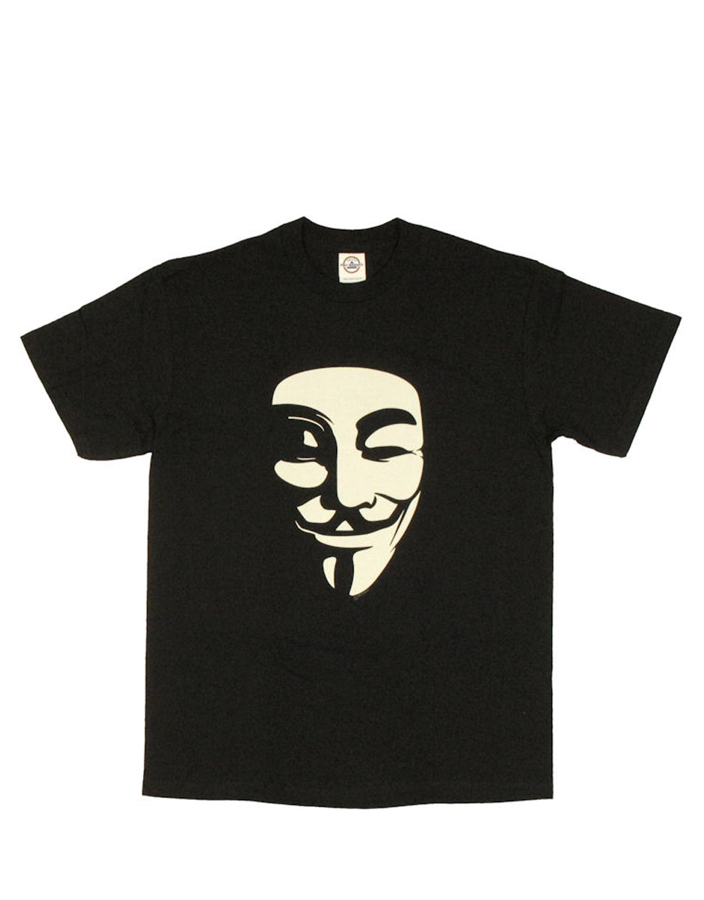 Vendetta white mask graphic on a black adult t-shirt.