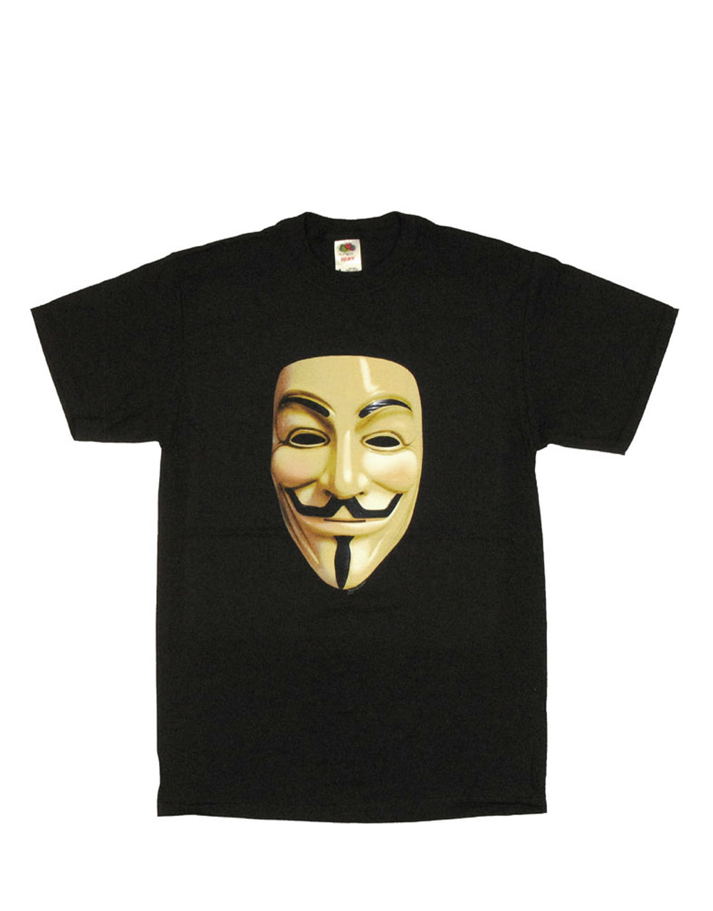 Vendetta photo mask graphic on a black adult t-shirt.