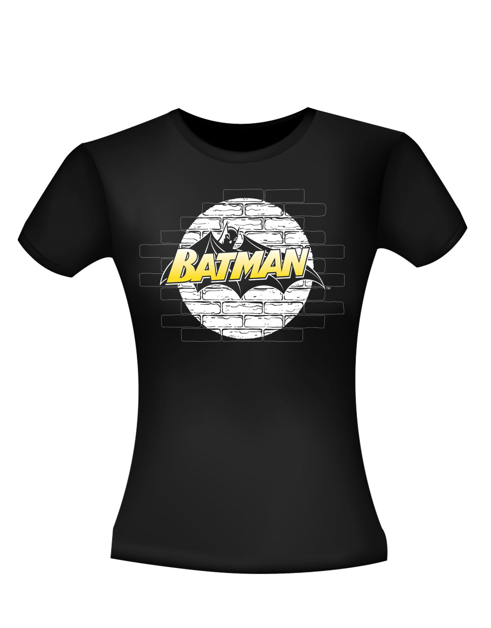 Batman wall logo graphic on a black women's t-shirt.