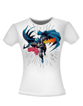 Batman leaping graphic on a white women's t-shirt.