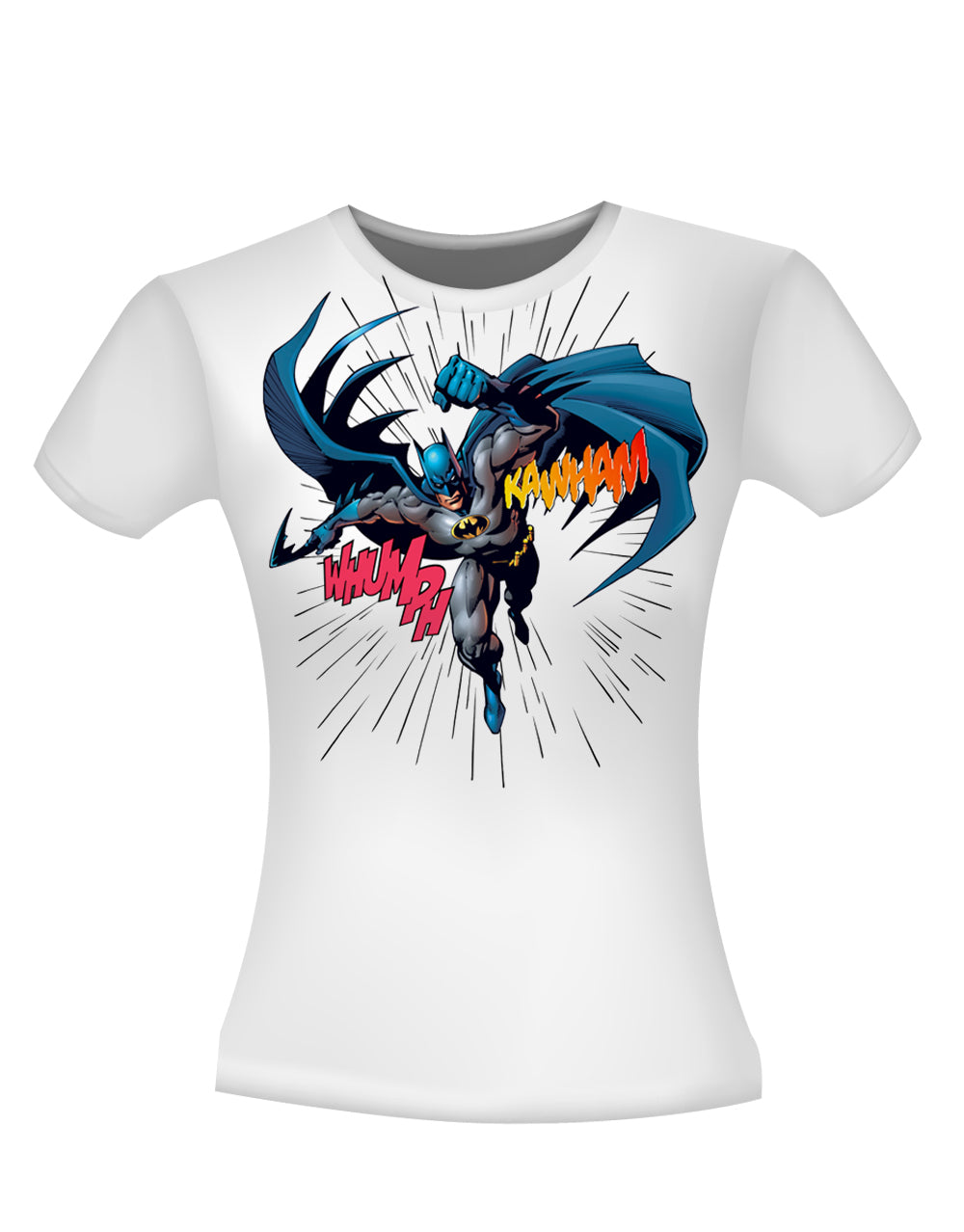 Batman leaping graphic on a white women's t-shirt.