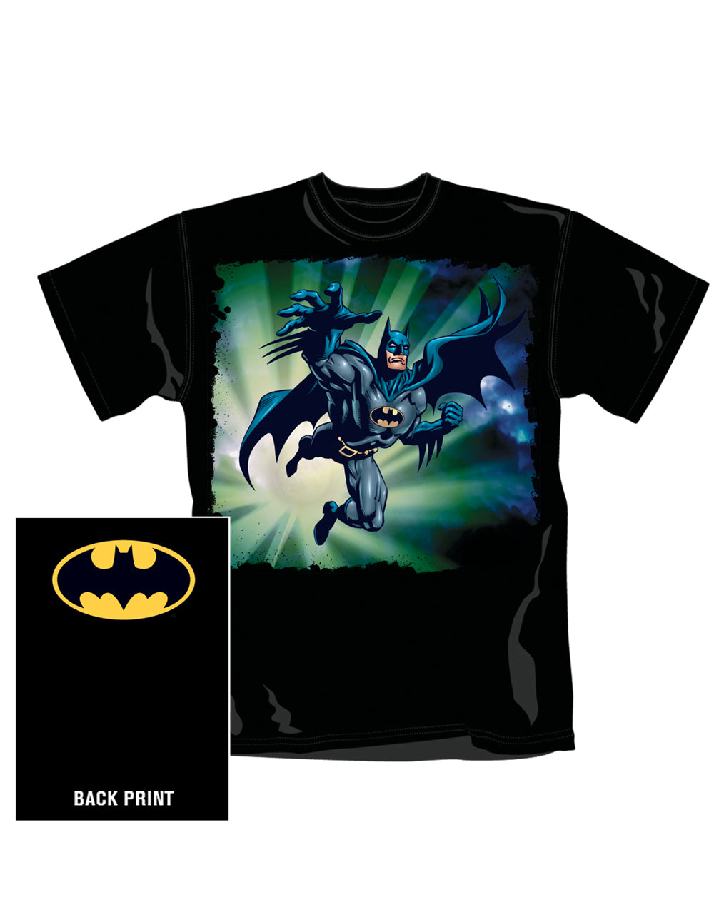Batman jump distressed graphic on a black adult t-shirt.