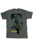 Batman crouching city graphic on a charcoal grey adult t-shirt.