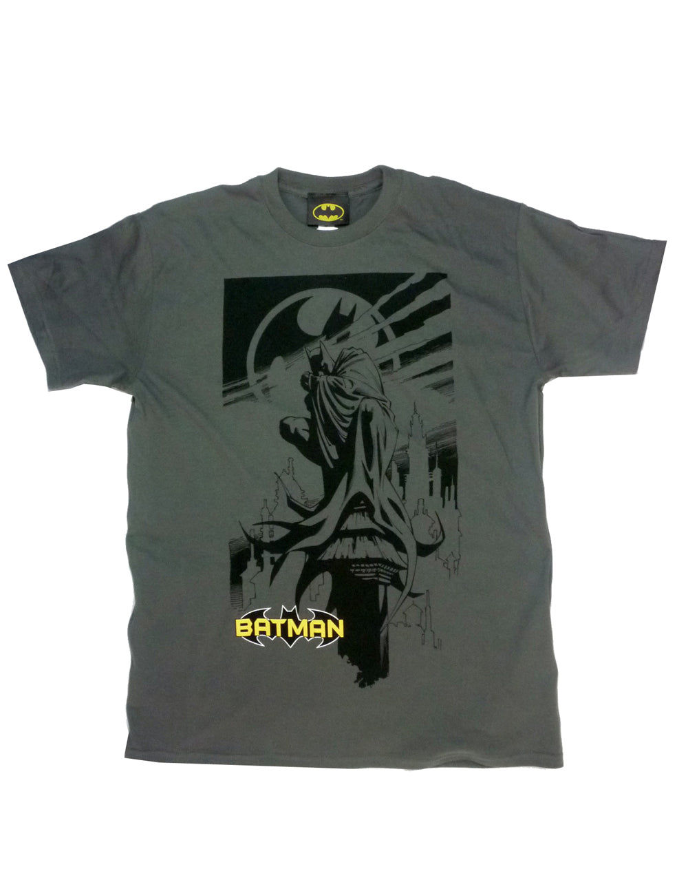 Batman crouching city graphic on a charcoal grey adult t-shirt.
