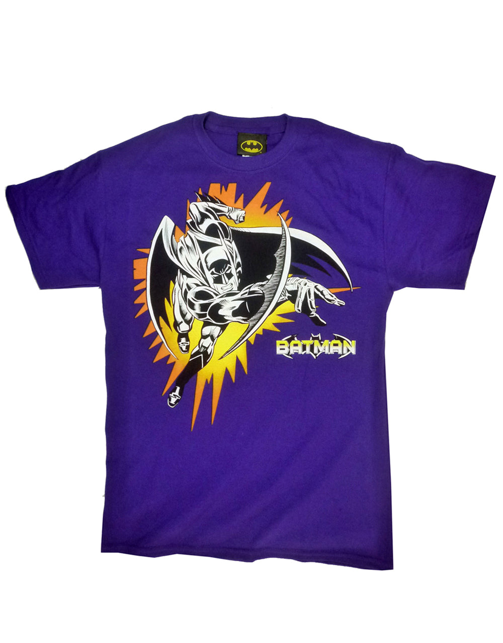 Batman aaarrgg graphic on a purple adult t-shirt.