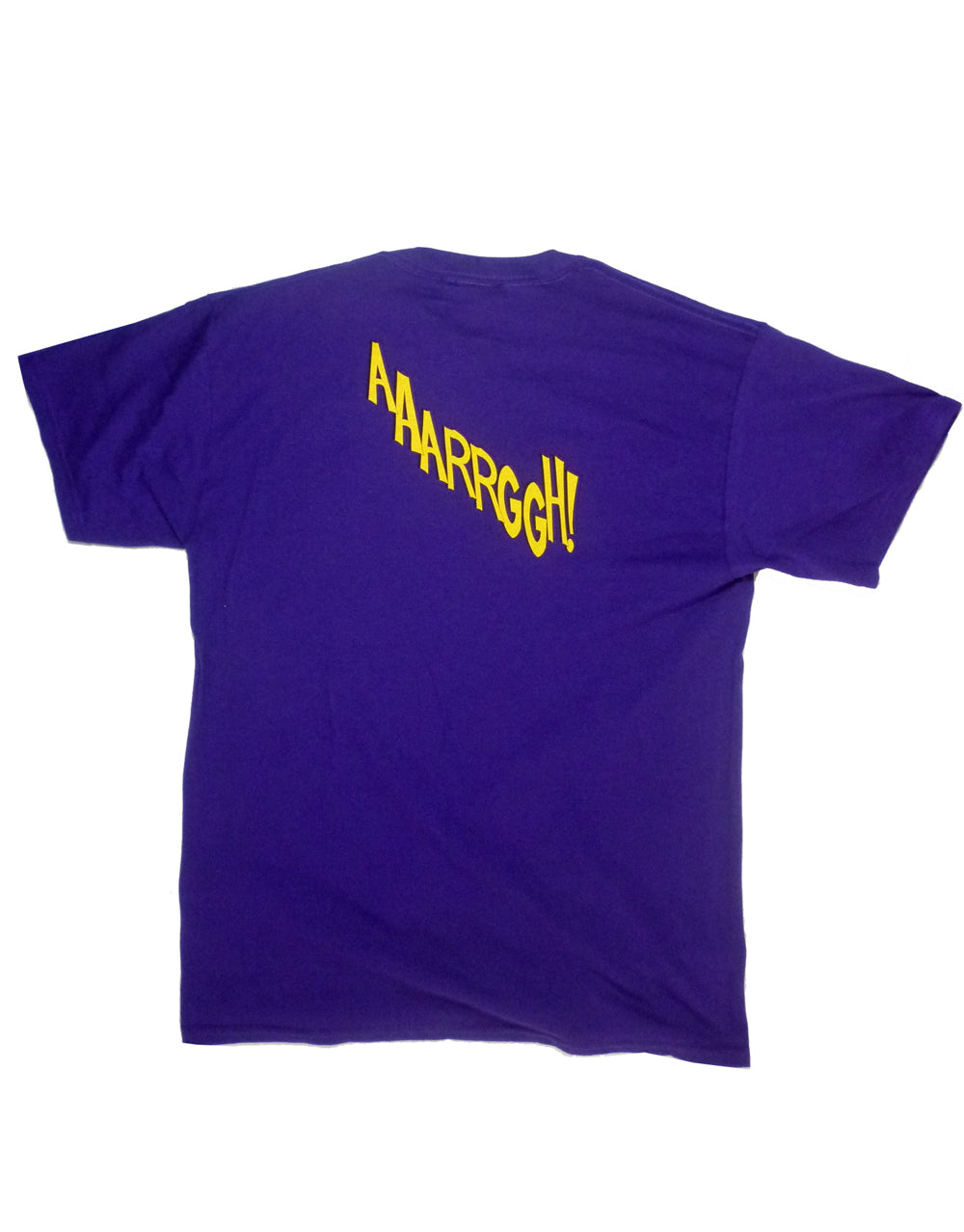 Batman aaarrgg graphic on a purple adult t-shirt.
