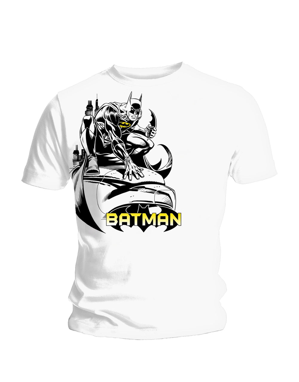 Batman eagle head graphic on a white adult t-shirt.