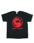 Classic distressed logo graphic on a black adult t-shirt.
