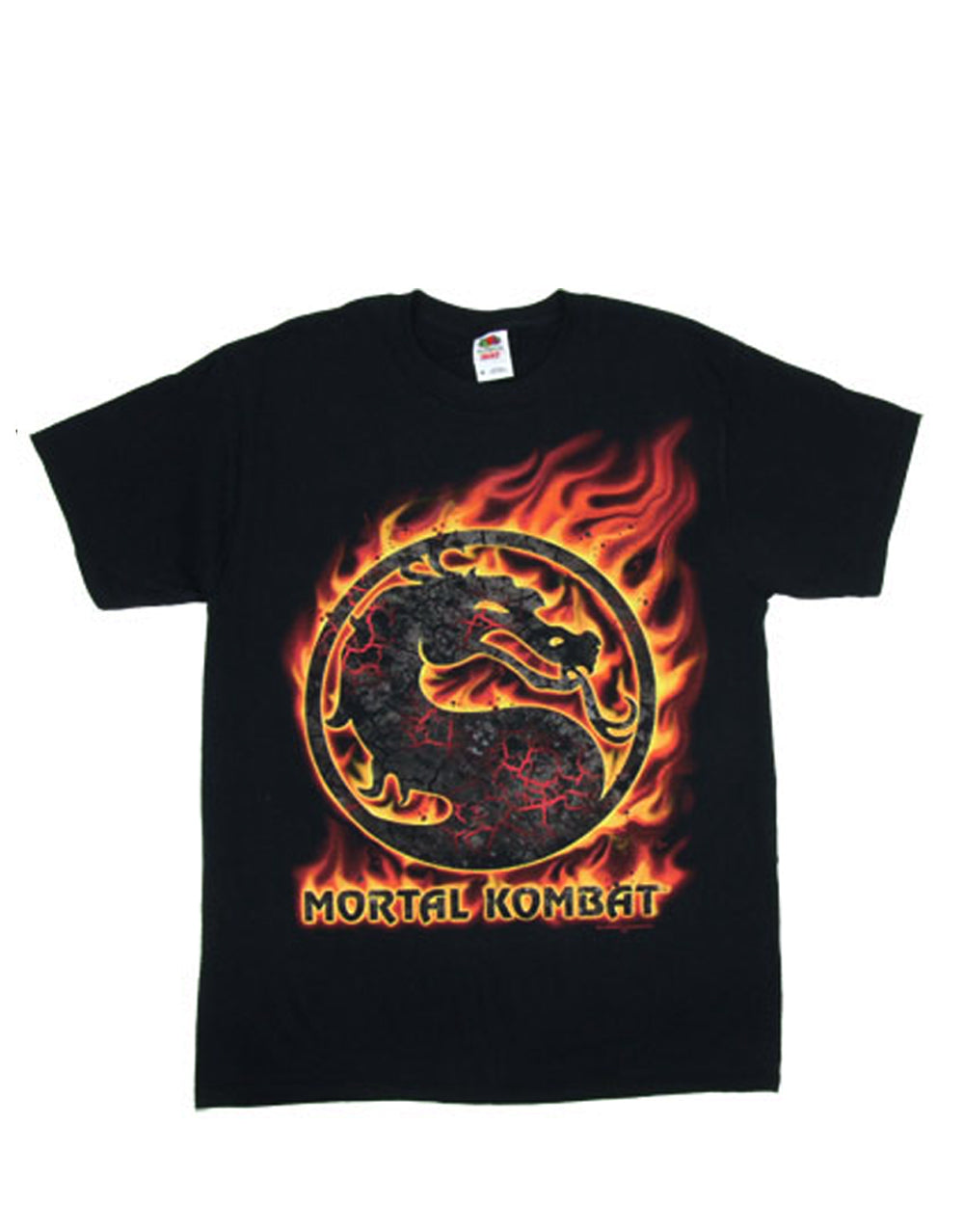 Flame logo graphic on a black adult t-shirt.