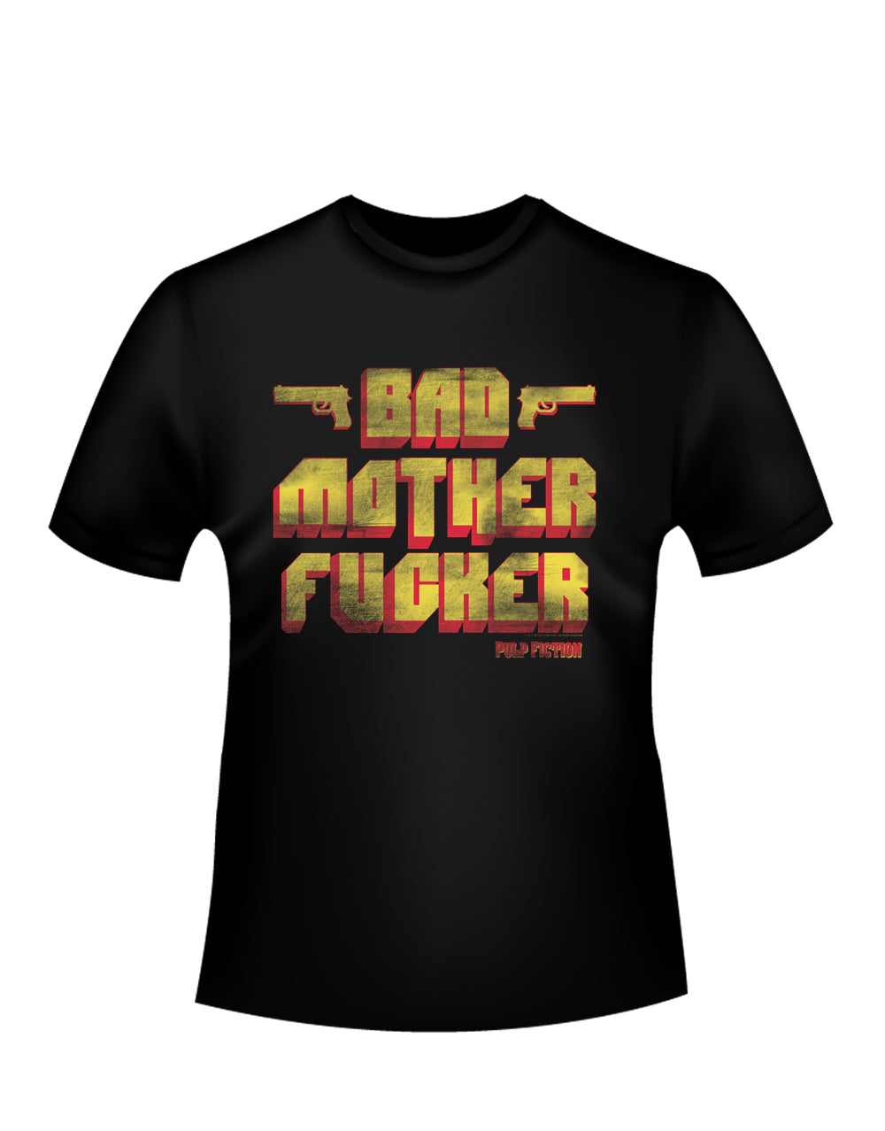 Pulp Fiction bad mother graphic on a black adult t-shirt.