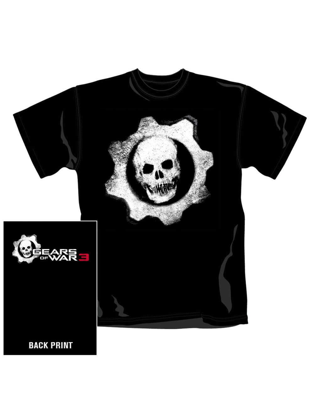 Gears of War 3 dripping wheel graphic on a black adult t-shirt.