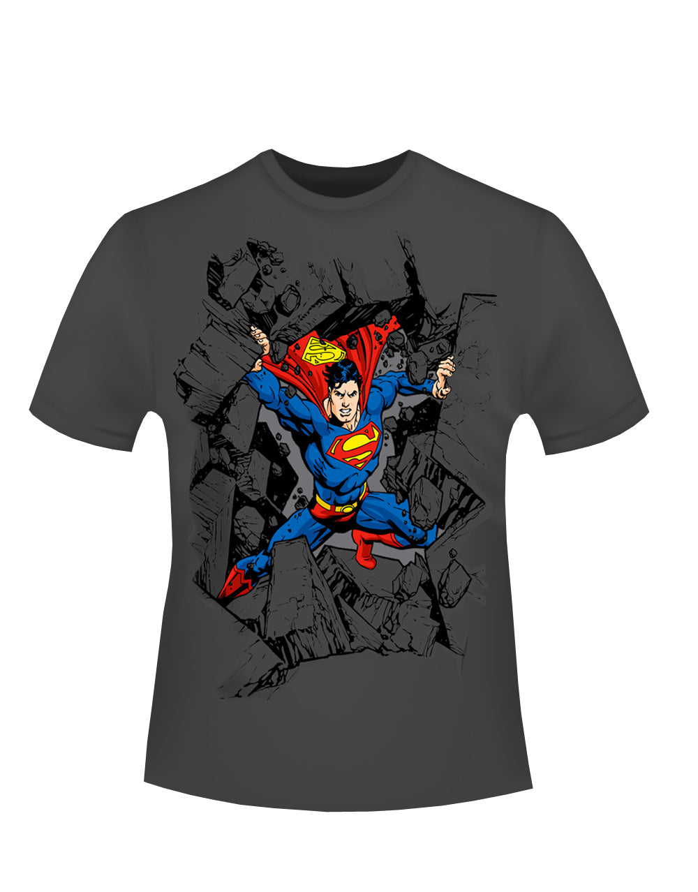 Superman smashrocks graphic on a dark grey adult t-shirt.