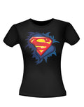 Superman torn logo graphic on a black women's t-shirt.