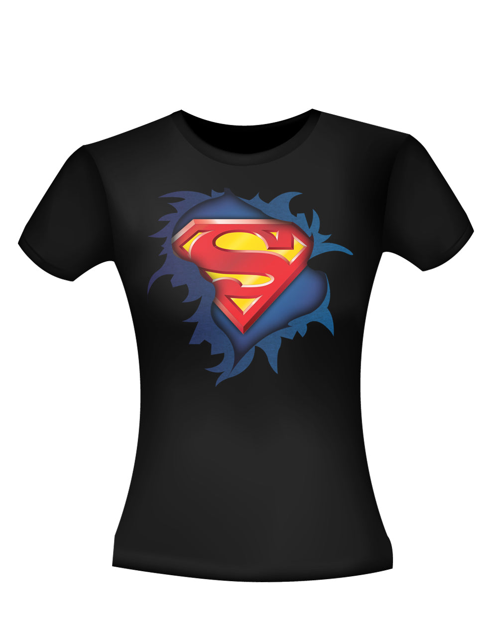 Superman torn logo graphic on a black women's t-shirt.